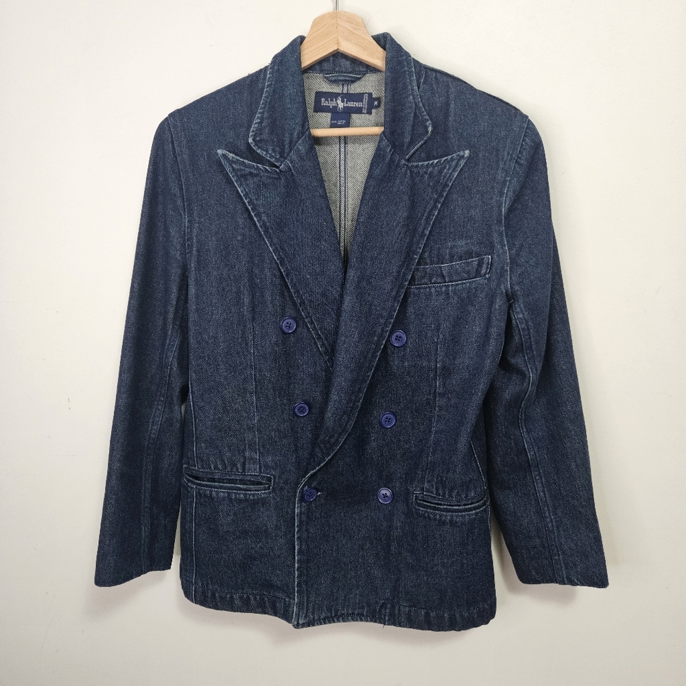 SOLD VTG 80s Ralph Lauren Blue Label Double Breasted Denim Blazer Jacket M - Picture 2 of 15